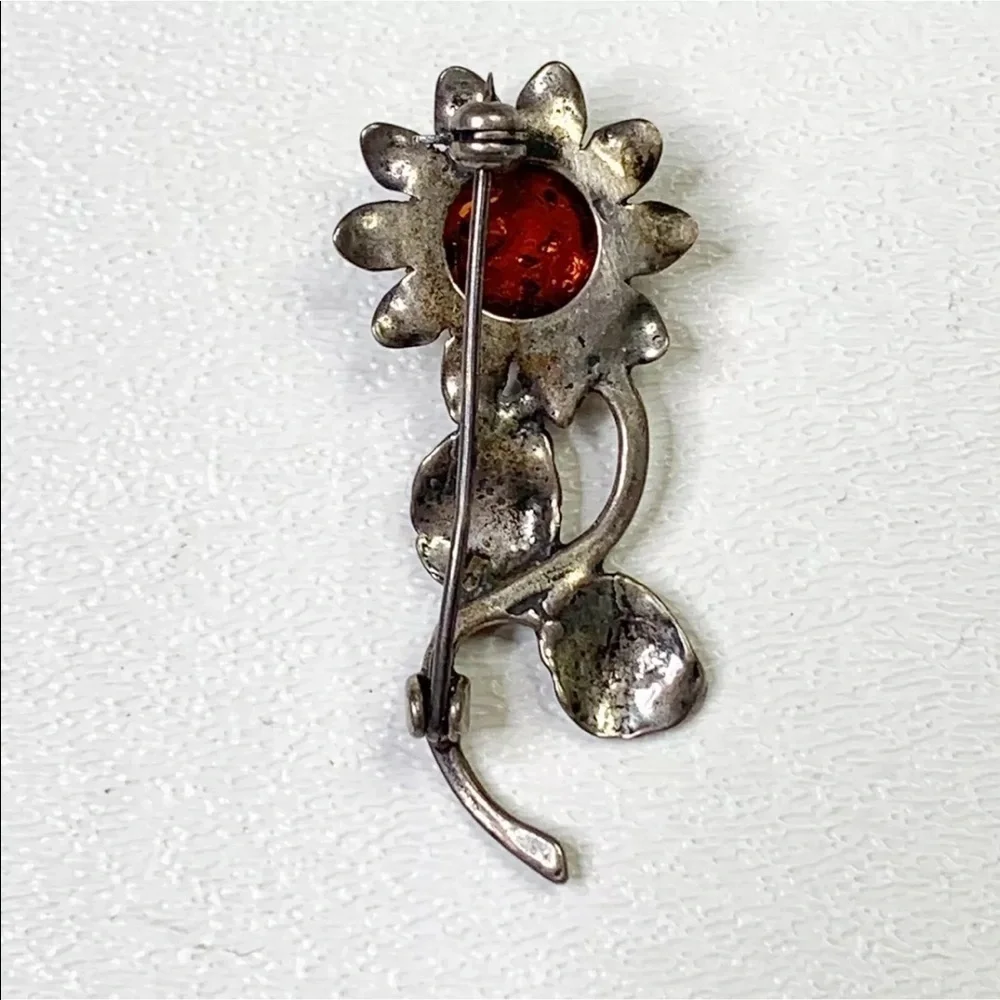 Amber Sterling Silver flower brooch Baltic Floral